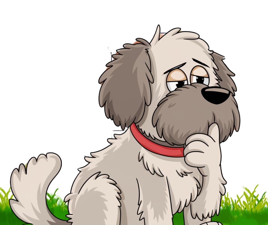 Why choose us for your dog poop removal in spokane. A animated dog sitting and thinking.